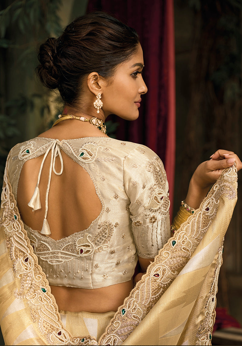 Monjolika Fashion Beige Silk Blend Saree With Embroidered Jari And Cut-Dana Work - Distacart