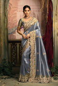 Monjolika Fashion Slate Grey Silk Blend Saree With Embroidered Jari And Cut-Dana Work - Distacart