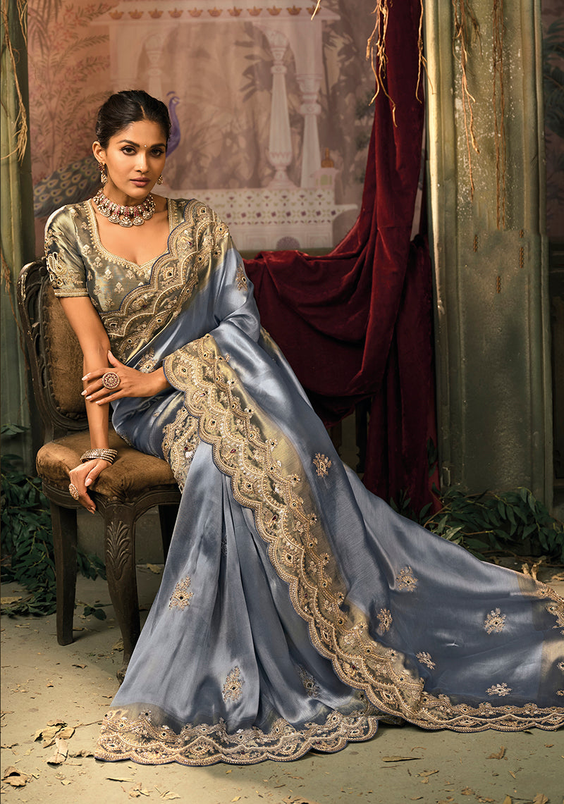 Monjolika Fashion Slate Grey Silk Blend Saree With Embroidered Jari And Cut-Dana Work - Distacart