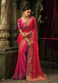 Monjolika Fashion Rani Pink & Red Silk Blend Saree With Embroidered Jari And Cut-Dana Work - Distacart
