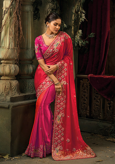 Monjolika Fashion Rani Pink & Red Silk Blend Saree With Embroidered Jari And Cut-Dana Work
