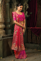 Monjolika Fashion Rani Pink & Red Silk Blend Saree With Embroidered Jari And Cut-Dana Work - Distacart