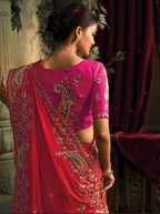 Monjolika Fashion Rani Pink & Red Silk Blend Saree With Embroidered Jari And Cut-Dana Work - Distacart