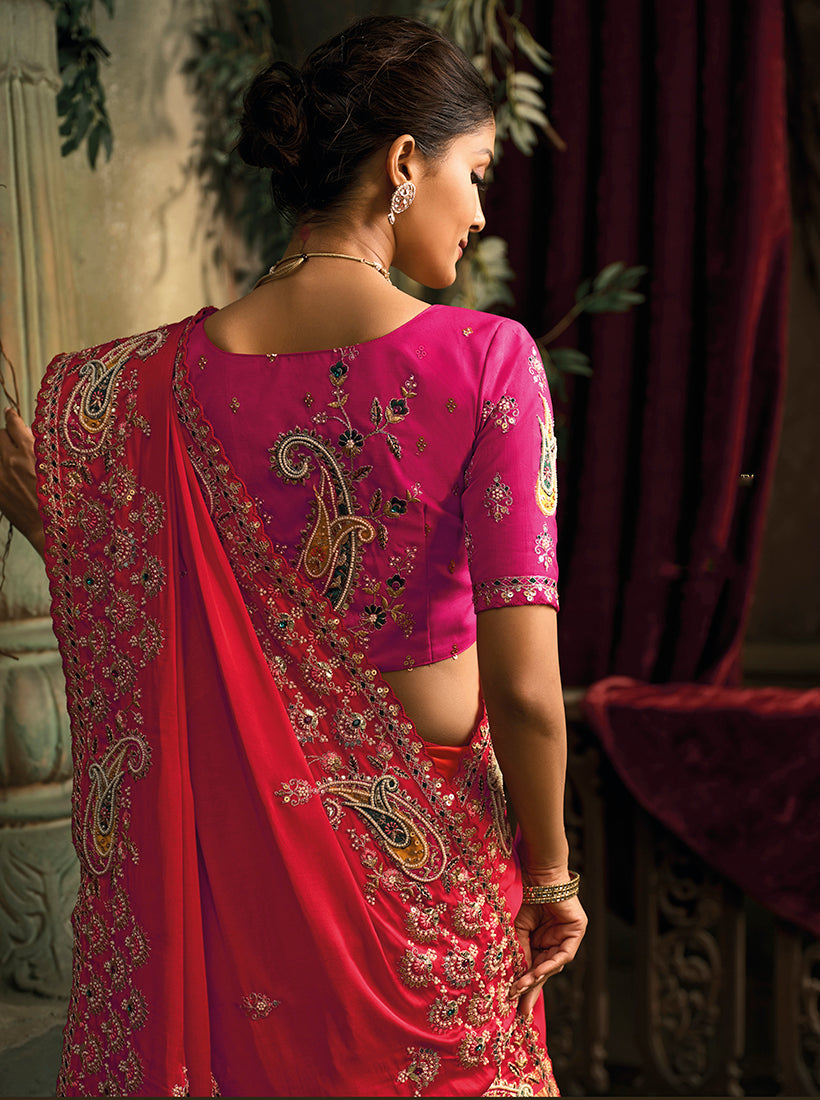 Monjolika Fashion Rani Pink & Red Silk Blend Saree With Embroidered Jari And Cut-Dana Work - Distacart