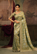 Monjolika Fashion Olive Green Silk Blend Saree With Embroidered Jari And Cut-Dana Work - Distacart