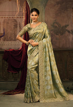Monjolika Fashion Olive Green Silk Blend Saree With Embroidered Jari And Cut-Dana Work - Distacart