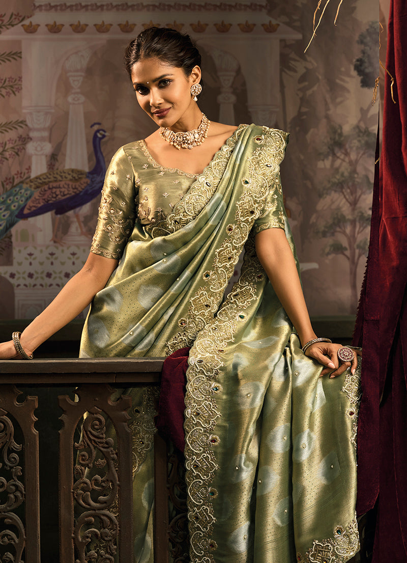 Monjolika Fashion Olive Green Silk Blend Saree With Embroidered Jari And Cut-Dana Work - Distacart