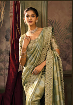 Monjolika Fashion Olive Green Silk Blend Saree With Embroidered Jari And Cut-Dana Work - Distacart