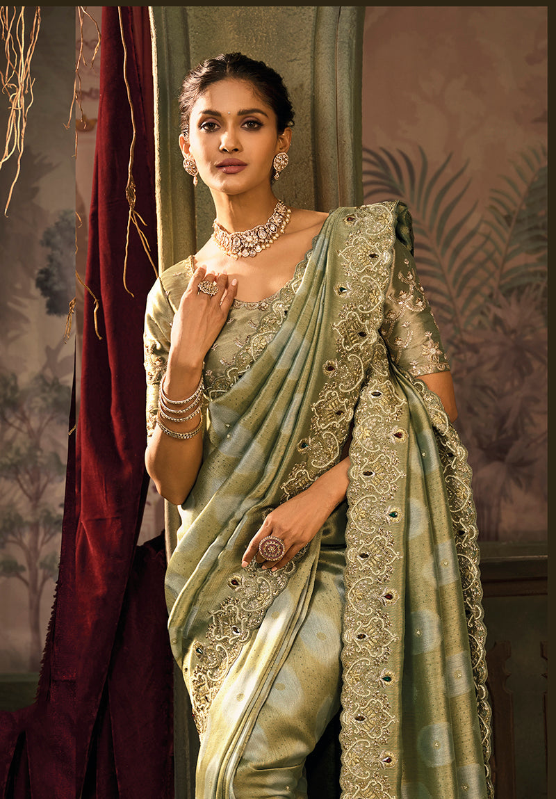 Monjolika Fashion Olive Green Silk Blend Saree With Embroidered Jari And Cut-Dana Work - Distacart