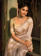 Monjolika Fashion Chiku Silk Blend Saree With Embroidered Jari And Cut-Dana Work - Distacart