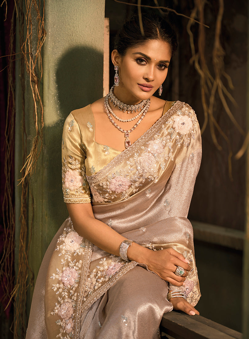 Monjolika Fashion Chiku Silk Blend Saree With Embroidered Jari And Cut-Dana Work - Distacart