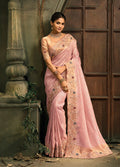 Monjolika Fashion Pink Silk Blend Saree With Embroidered Jari And Cut-Dana Work - Distacart