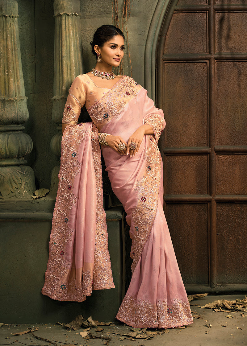 Monjolika Fashion Pink Silk Blend Saree With Embroidered Jari And Cut-Dana Work - Distacart