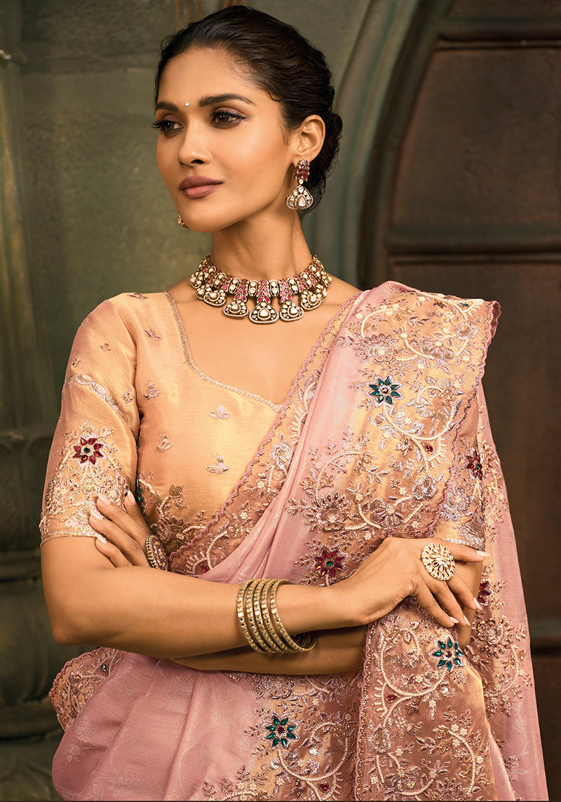 Monjolika Fashion Pink Silk Blend Saree With Embroidered Jari And Cut-Dana Work - Distacart
