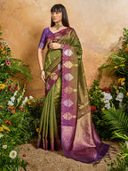 Monjolika Fashion Weaving Handloom Silk Blend Olive Green Contemporary Saree - Distacart