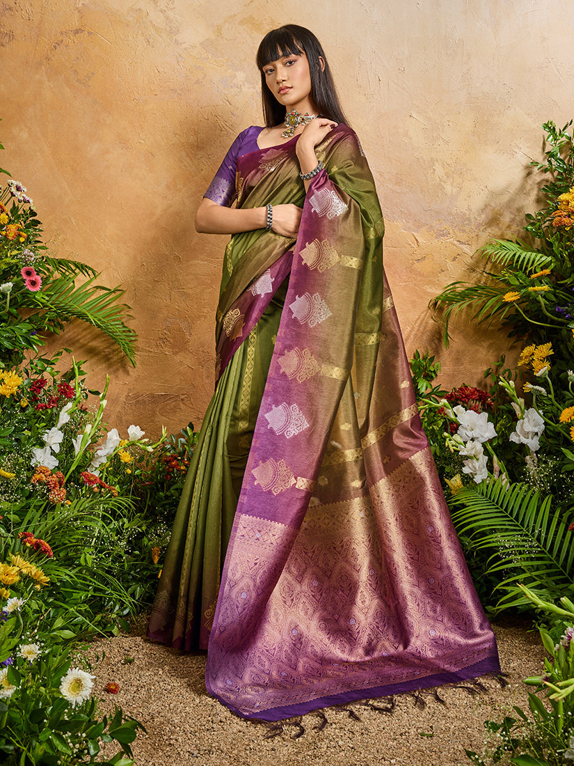 Monjolika Fashion Weaving Handloom Silk Blend Olive Green Contemporary Saree - Distacart