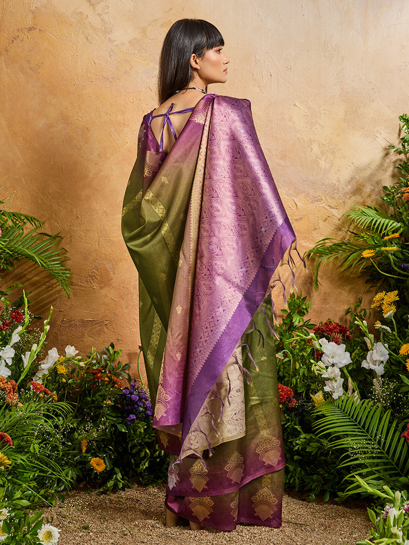 Monjolika Fashion Weaving Handloom Silk Blend Olive Green Contemporary Saree - Distacart