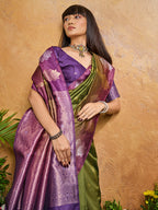 Monjolika Fashion Weaving Handloom Silk Blend Olive Green Contemporary Saree - Distacart