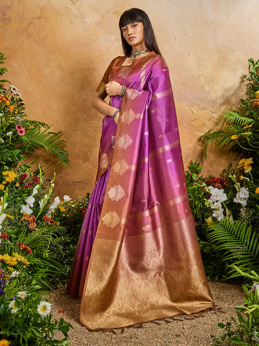 Monjolika Fashion Weaving Handloom Silk Blend Magenta Contemporary Saree - Distacart