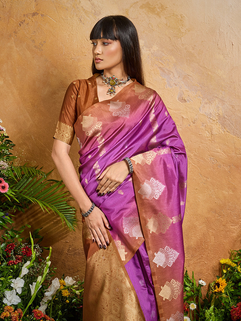 Monjolika Fashion Weaving Handloom Silk Blend Magenta Contemporary Saree - Distacart