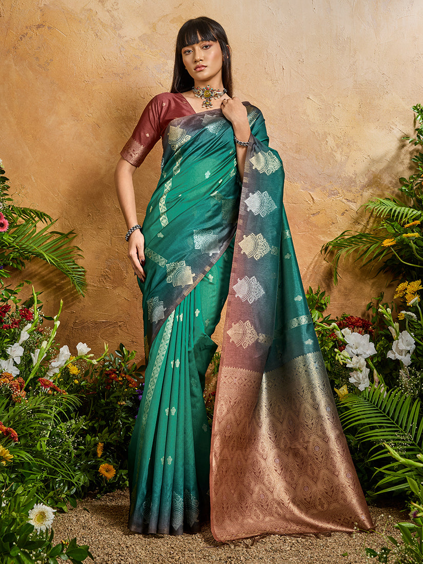Monjolika Fashion Weaving Handloom Silk Blend Teal Green Contemporary Saree - Distacart