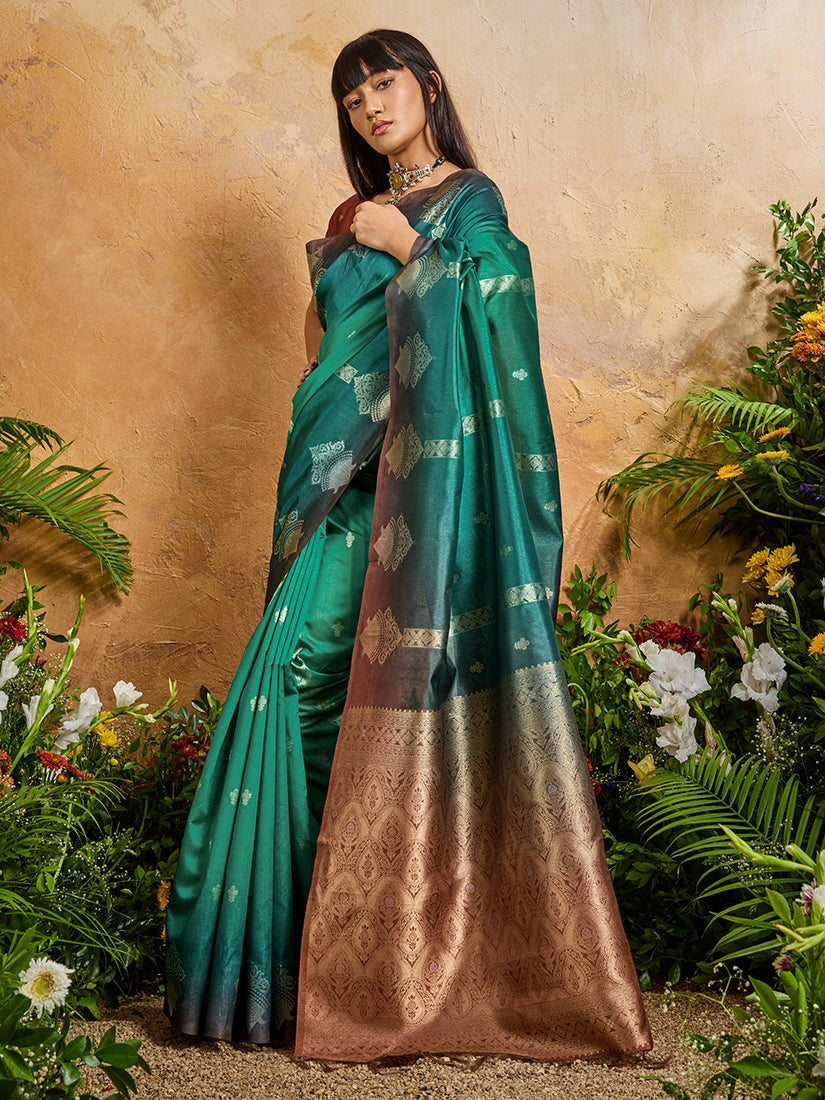 Monjolika Fashion Weaving Handloom Silk Blend Teal Green Contemporary Saree - Distacart