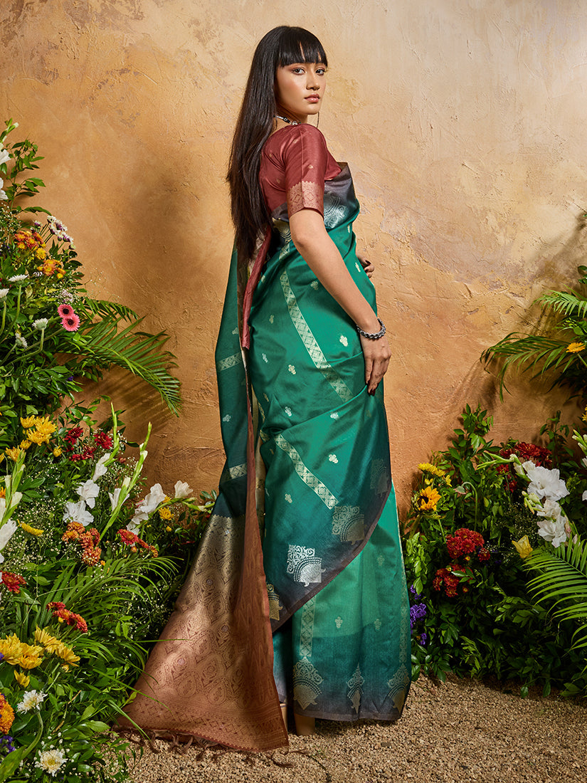 Monjolika Fashion Weaving Handloom Silk Blend Teal Green Contemporary Saree - Distacart