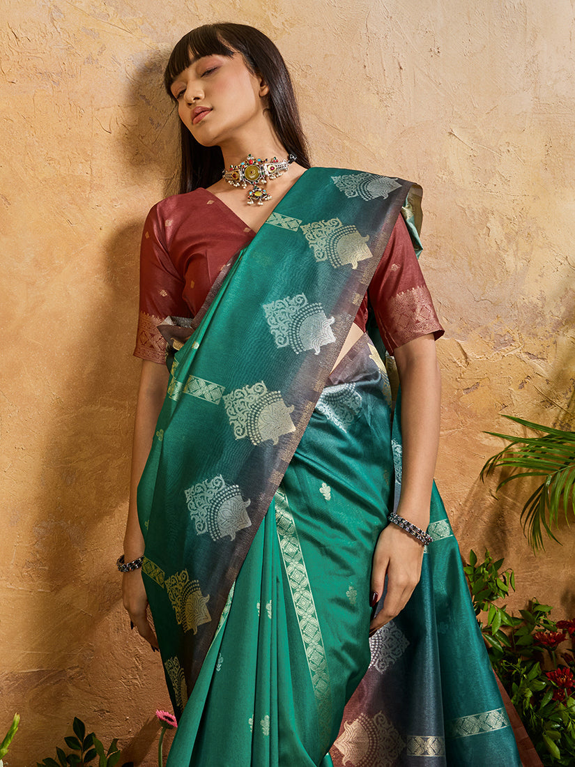 Monjolika Fashion Weaving Handloom Silk Blend Teal Green Contemporary Saree - Distacart