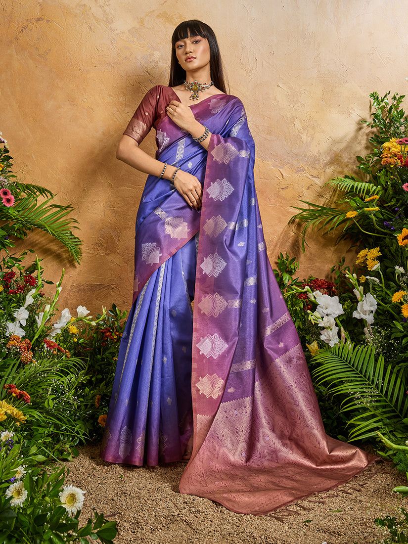 Monjolika Fashion Weaving Handloom Silk Blend Violet Contemporary Saree - Distacart
