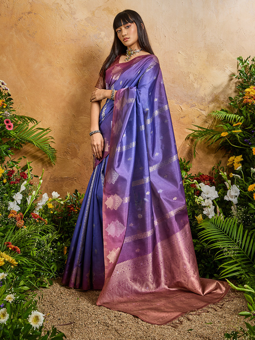 Monjolika Fashion Weaving Handloom Silk Blend Violet Contemporary Saree - Distacart