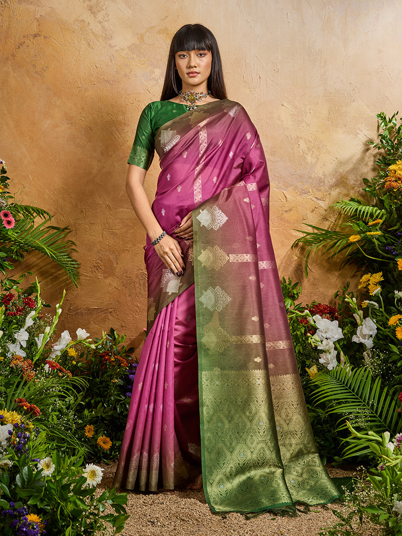 Monjolika Fashion Weaving Handloom Silk Blend Magenta Pink Contemporary Saree - Distacart