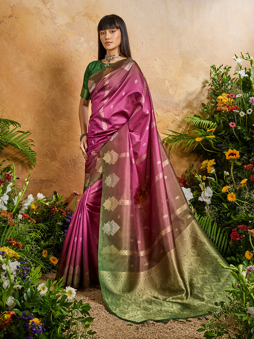 Monjolika Fashion Weaving Handloom Silk Blend Magenta Pink Contemporary Saree - Distacart
