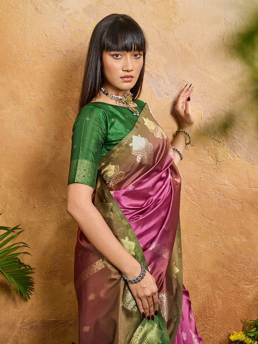 Monjolika Fashion Weaving Handloom Silk Blend Magenta Pink Contemporary Saree - Distacart