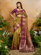Monjolika Fashion Weaving Handloom Silk Blend Mehendi Green Contemporary Saree - Distacart