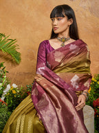 Monjolika Fashion Weaving Handloom Silk Blend Mehendi Green Contemporary Saree - Distacart