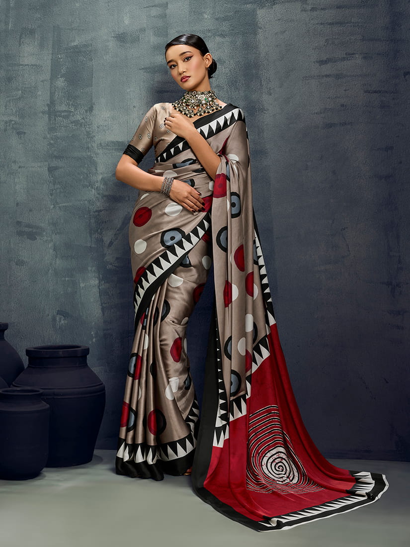 Monjolika Fashion Satin Dark Beige Printed Casual Saree - Distacart