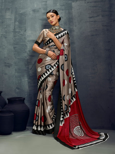 Monjolika Fashion Satin Dark Beige Printed Casual Saree