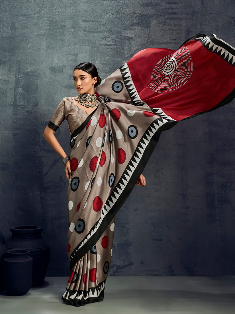 Monjolika Fashion Satin Dark Beige Printed Casual Saree - Distacart
