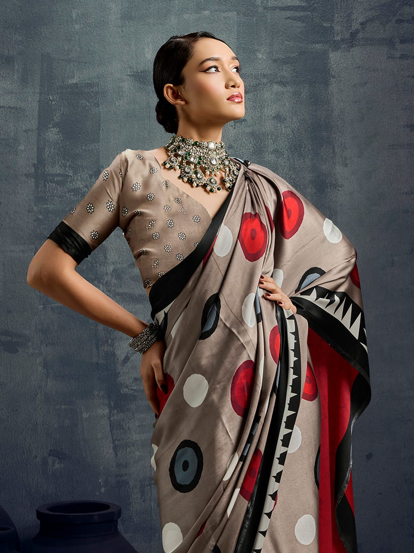 Monjolika Fashion Satin Dark Beige Printed Casual Saree - Distacart