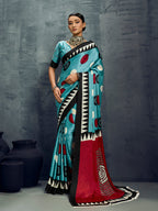 Monjolika Fashion Satin Aqua Blue Printed Casual Saree - Distacart