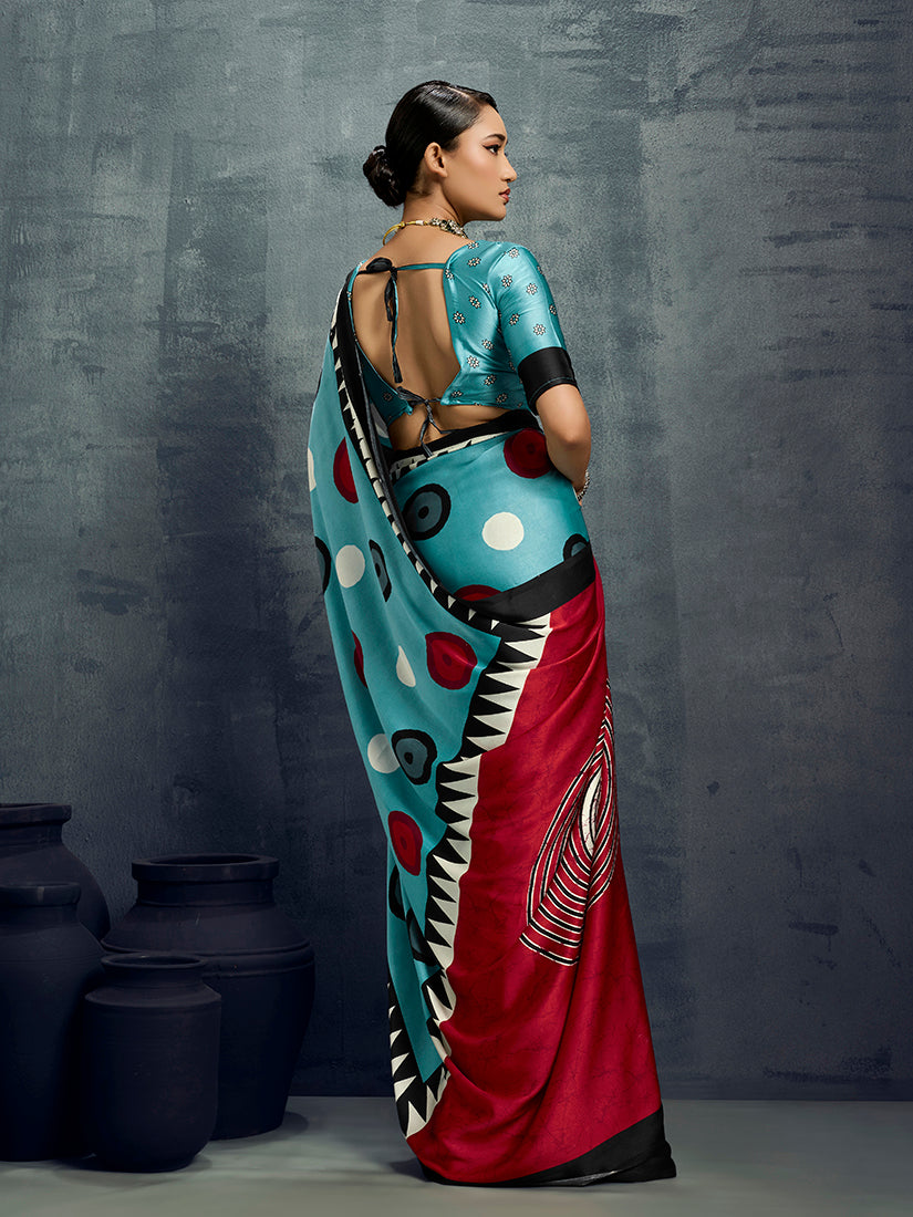 Monjolika Fashion Satin Aqua Blue Printed Casual Saree - Distacart