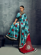 Monjolika Fashion Satin Aqua Blue Printed Casual Saree - Distacart