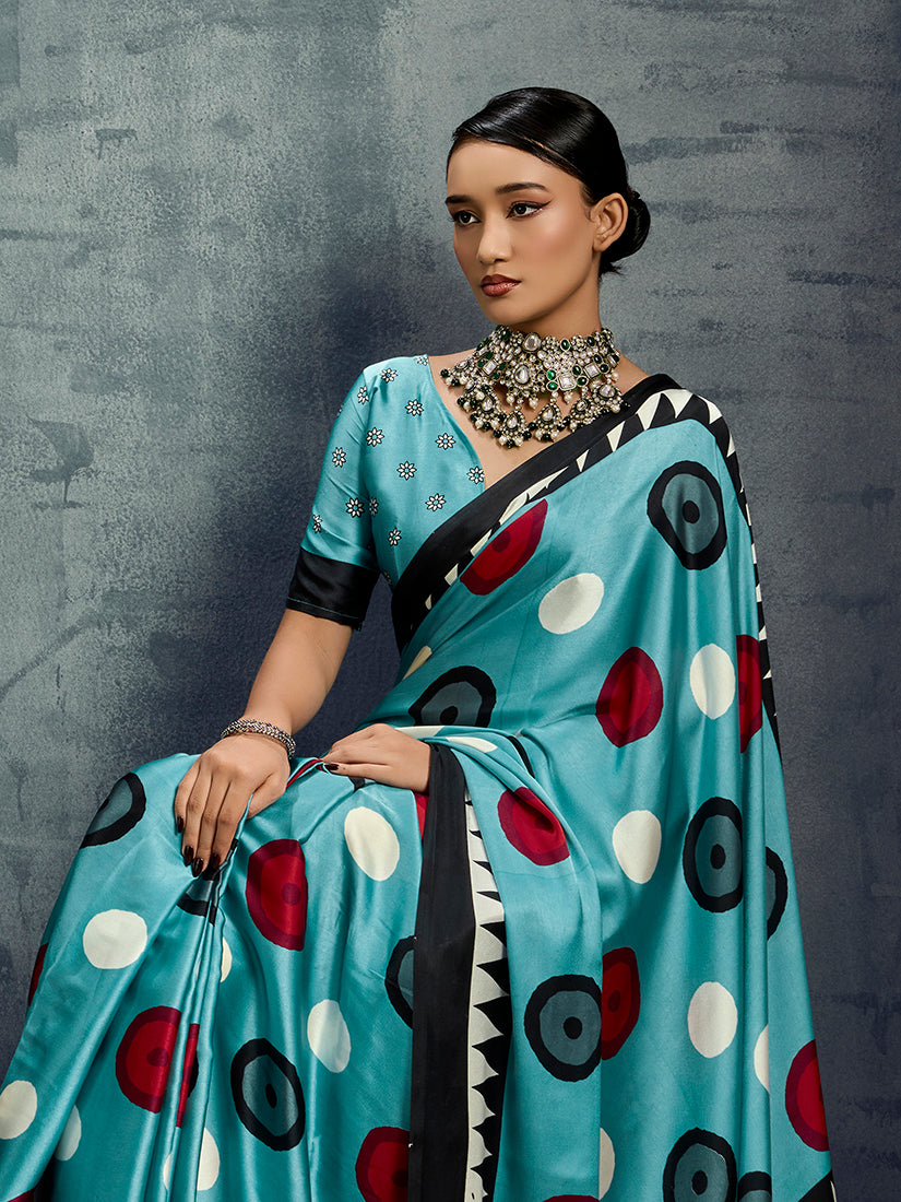 Monjolika Fashion Satin Aqua Blue Printed Casual Saree - Distacart