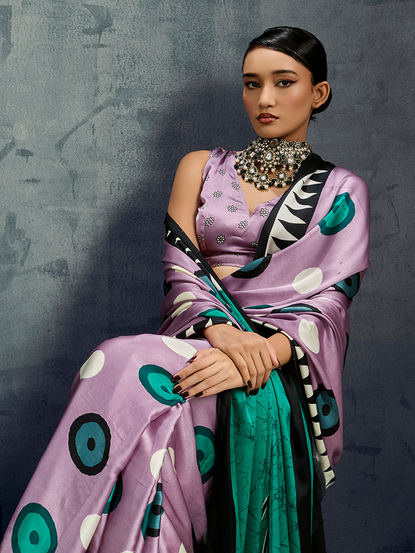 Monjolika Fashion Satin Lilac Printed Casual Saree - Distacart