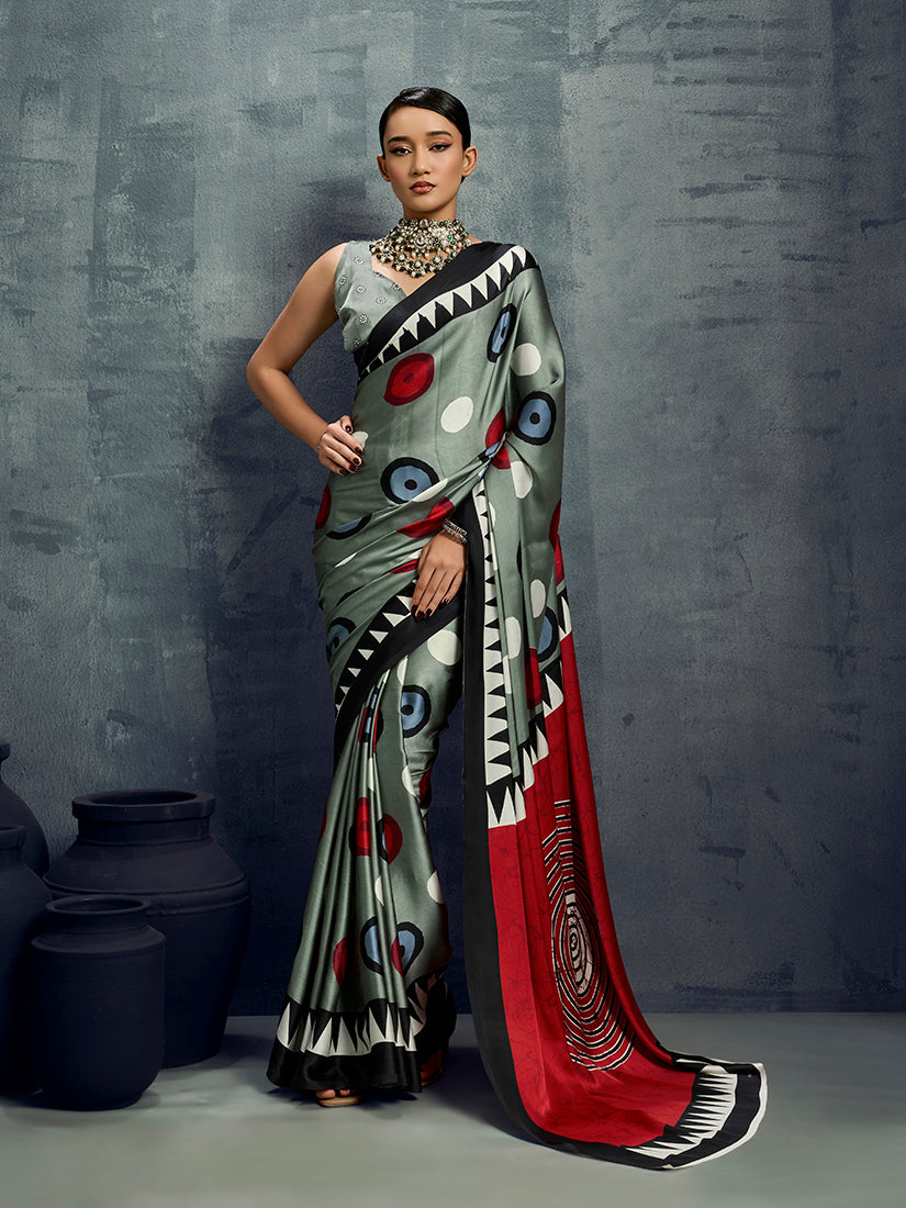 Monjolika Fashion Satin Grey Printed Casual Saree - Distacart
