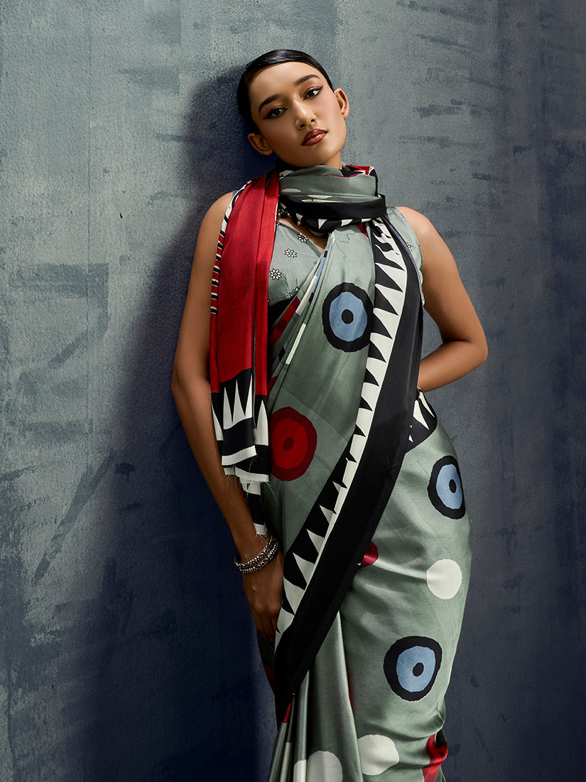 Monjolika Fashion Satin Grey Printed Casual Saree - Distacart