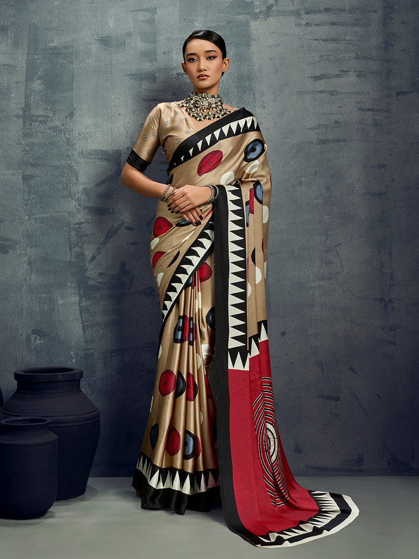Monjolika Fashion Satin Chiku Printed Casual Saree - Distacart