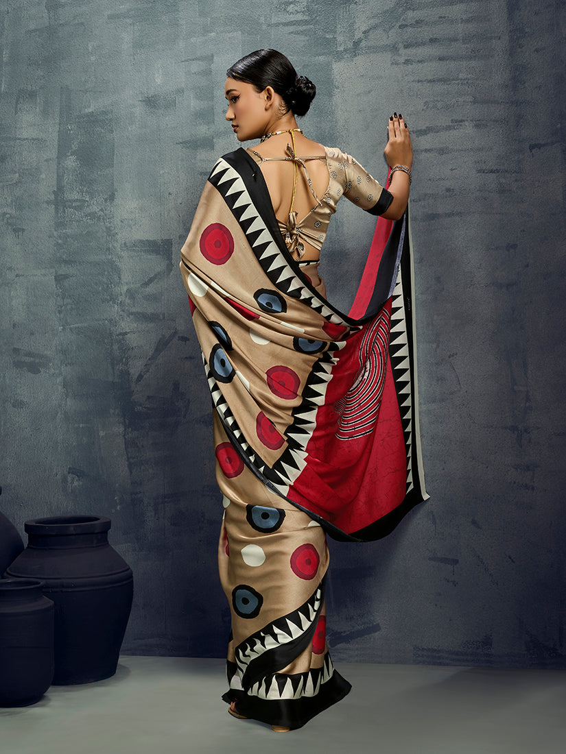 Monjolika Fashion Satin Chiku Printed Casual Saree - Distacart