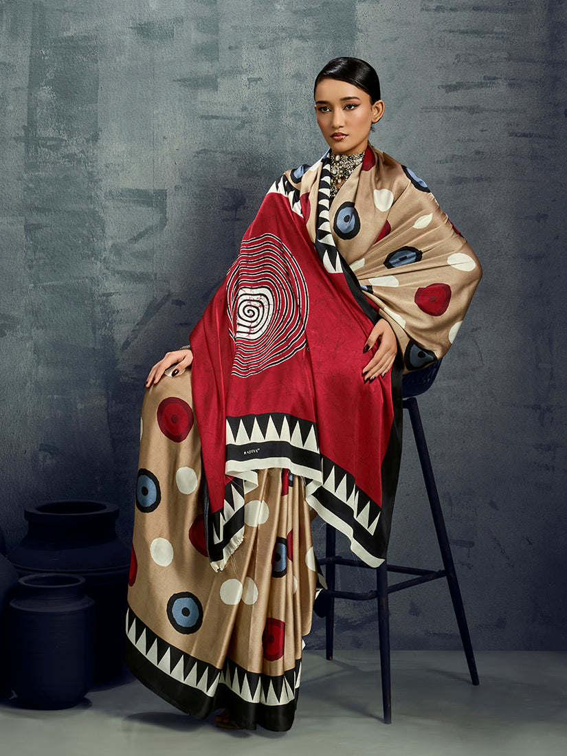 Monjolika Fashion Satin Chiku Printed Casual Saree - Distacart