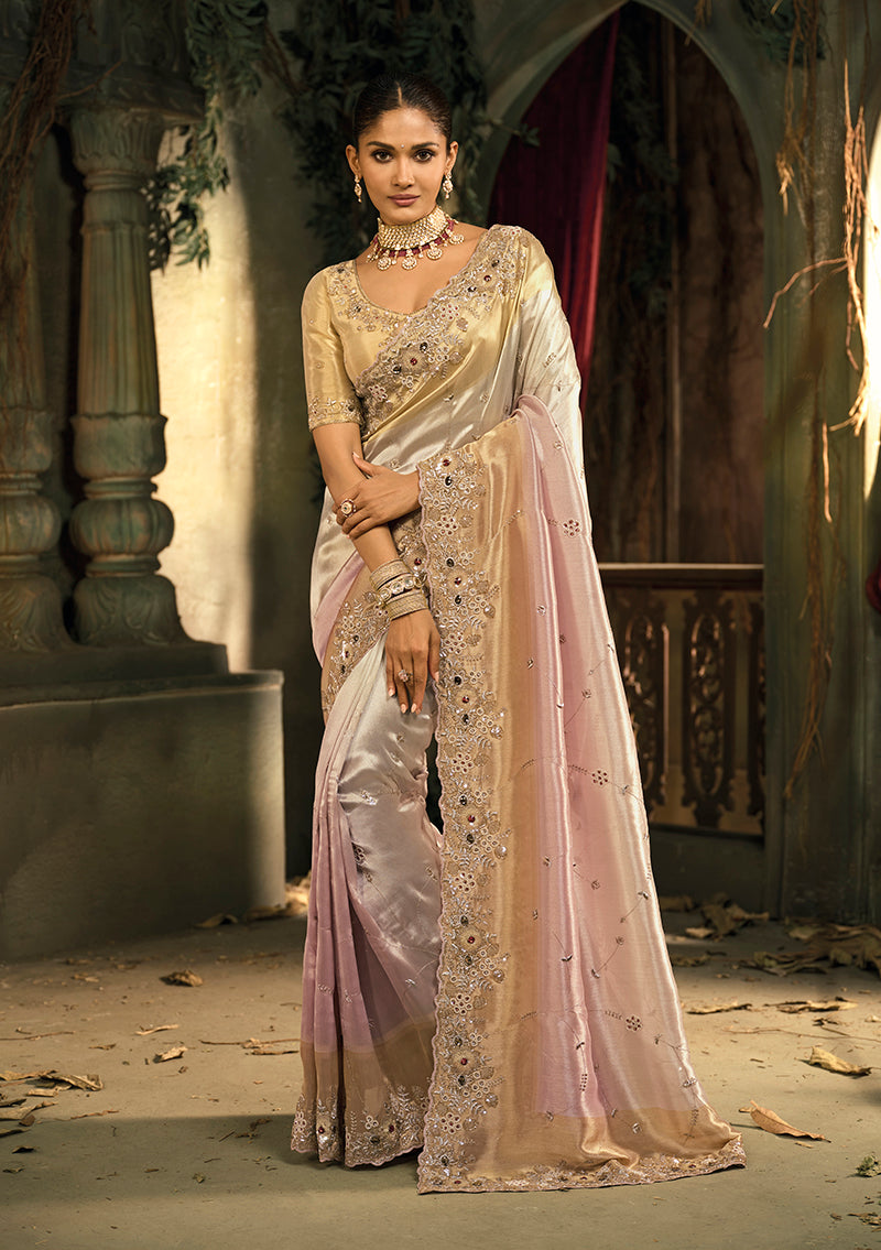 Monjolika Fashion Cream And Pink Silk Blend Wedding Saree With Cut Dana, Embroidered, Moti And Zari Work - Distacart